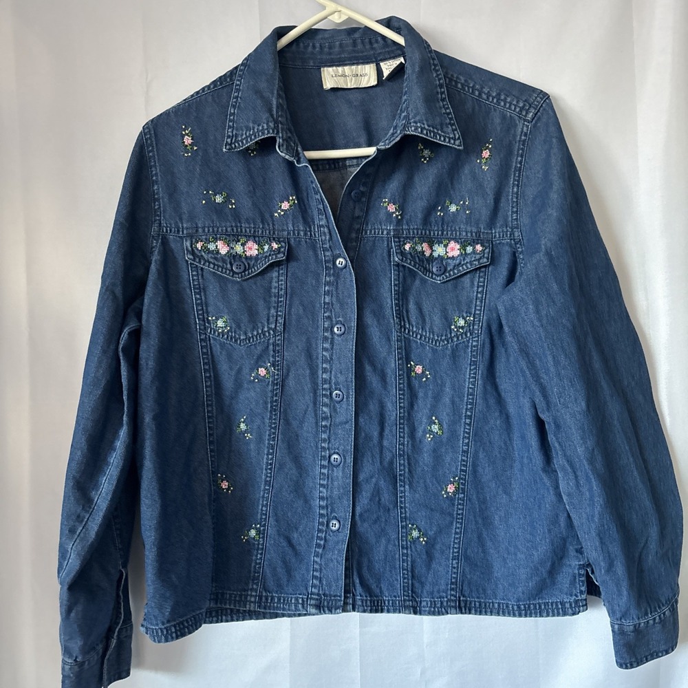 Vintage Lemon Grass Embroidered Floral Denim Shirt Women's Long Sleeve Large‎